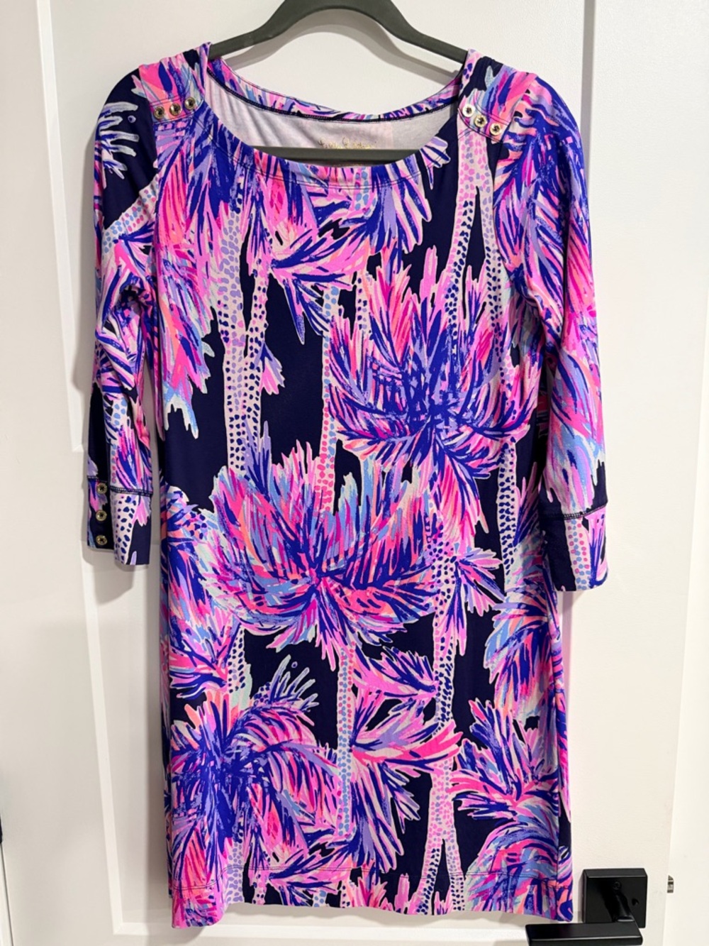 Lilly Pulitzer Sophie UPF 50+ Boat Neck Dress in the "Bright Navy Palms Up"